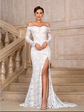 SHEIN-Elegant Off-Shoulder White Lace Evening Gown with Side Slit